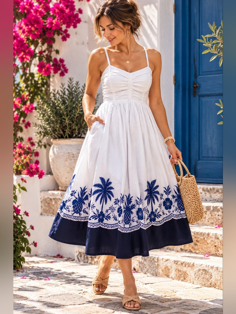 FREE ASSEMBLY 🌴 Blue & White Tropical Border Midi Dress ✨ Sz L (12-14) NWT 👗🌊